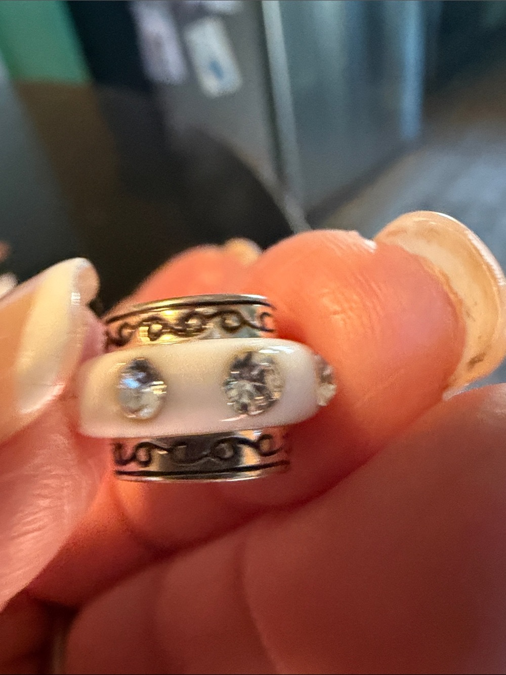 White Ceramic and Silver Crystal Accent Spacer Bead